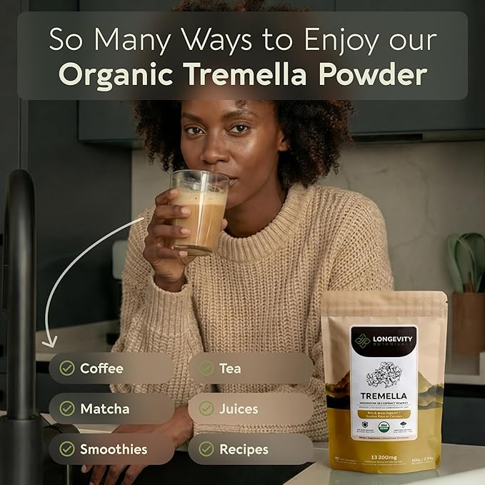 Organic Tremella Mushroom Powder Supplement 10:1 Extract 100g | Snow Fungus Fuciformis 100% Fruiting Body | ≥30% Beta-D-Glucans | 60 Servings of 1660mg | Skin Hydration Complexion &amp Beauty Suppo