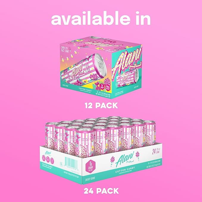 Alani Nu COTTON CANDY Sugar Free Low Calorie Energy Drinks 200mg Caffeine Biotin B Vitamins Zero Sugar 10 Calories 12 Fl Oz Cans 24 Pack
