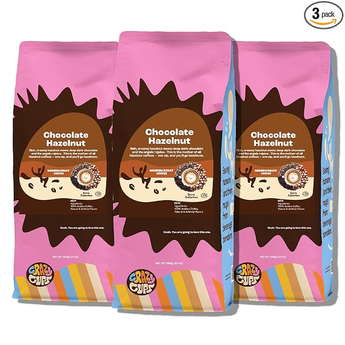Crazy Cups Hazelnut Ground Coffee Chocolate Hazelnut For Hot Or Iced Coffee Pack of 3