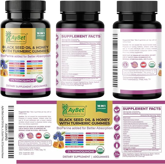 Black Seed Oil &amp Honey Gummies with Turmeric – 16-in-1 Supplement with Vitamins D3 B12 Biotin &amp Zinc –USDA Organic Halal Vegan Non-GMO 2% Thymoquinone 60 Gummies