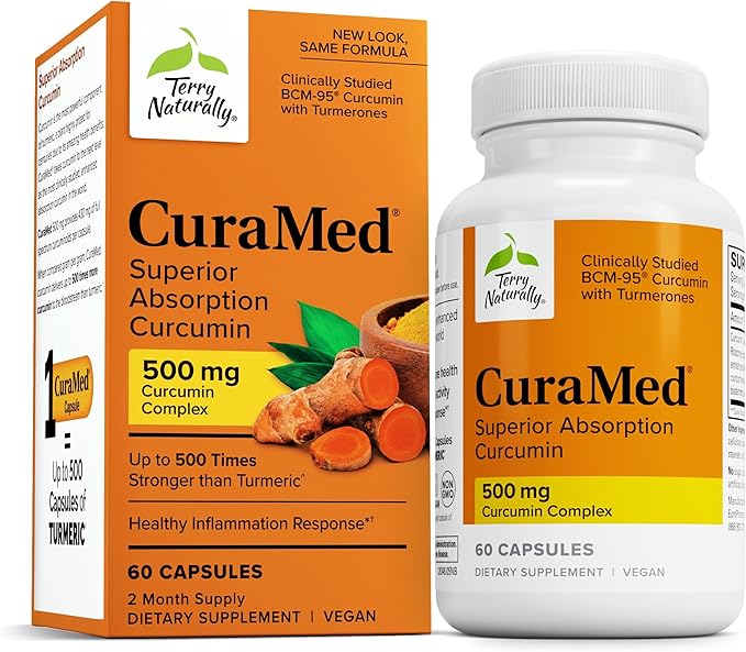 Terry Naturally CuraMed 500mg - Antioxidant Supplement for Brain &amp Immune Health Support - Supplement with Curcumin &amp Turmeric Essential Oil - Herbal Liver Support - 60 Capsules