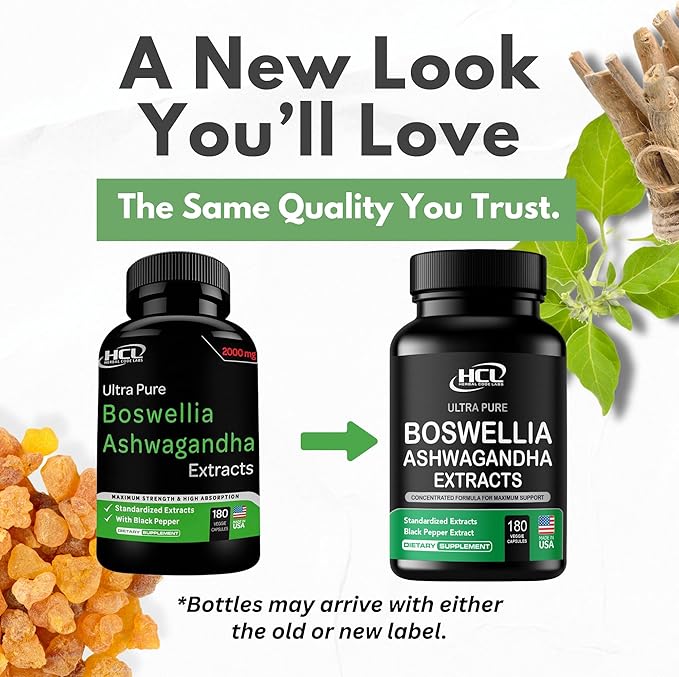 Boswellia Extract and Ashwagandha Capsules 2000 mg - Strong Natural Support Pills 3 Month Supply - Consentrated Boswellia Serrata 65% Boswellic Acid with Ashwagandha Powder Supplement