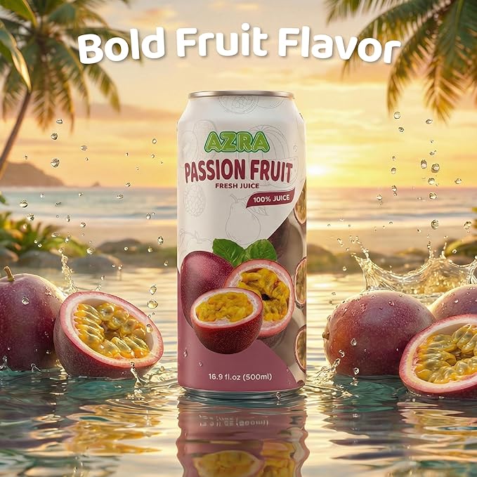 AZRA 100% Passion Fruit Juice 500 ml Can (Pack of 12) – Real Fruit Beverages with No Added Sugar – Healthy Drinks and Fresh Juice – Natural Passion Healthy Drink – 16.9 fl oz Cans