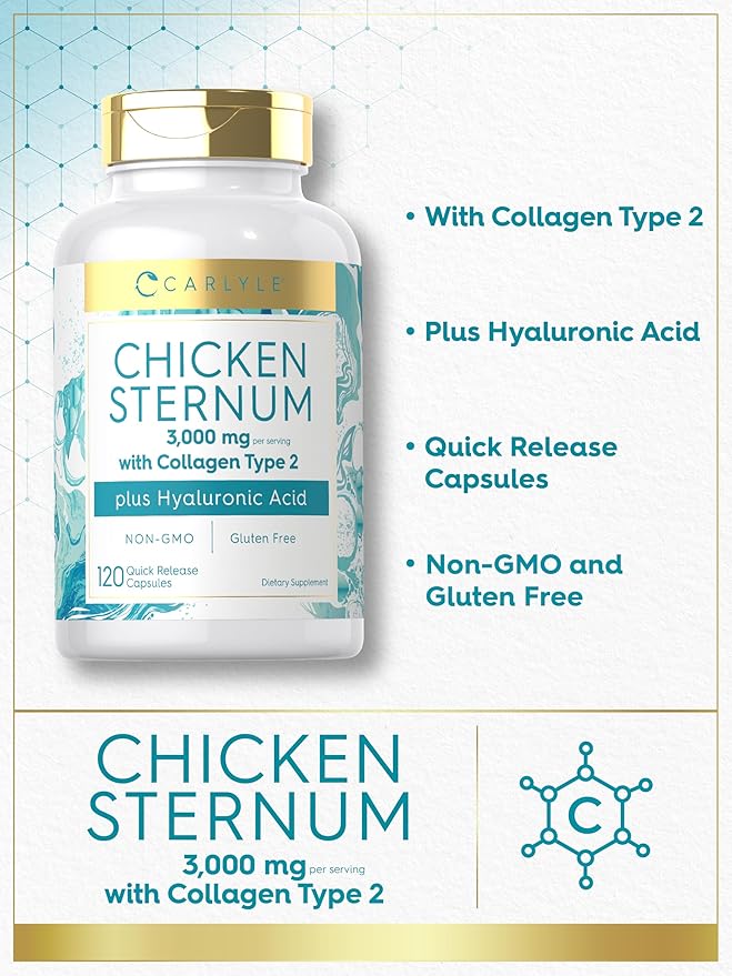 Carlyle Chicken Sternum Cartilage Collagen Capsules | Type II 3000mg | 120 Pills | Plus Hyaluronic Acid | Non-GMO Gluten Free