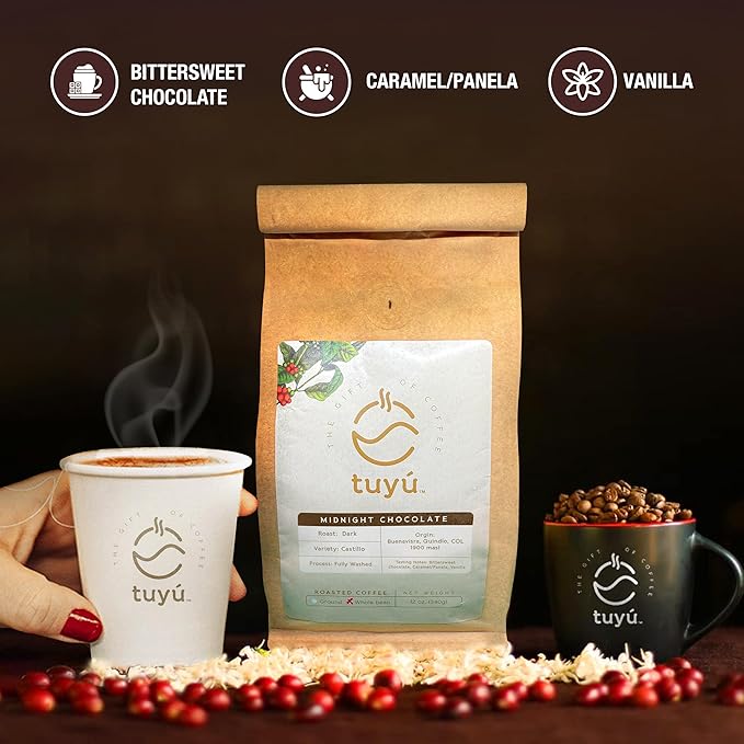 Tuyú Midnight Chocolate Dark Roast Whole Bean Coffee | 12 OZ Premium Colombian Coffee | Strong &amp Intense Dark Roast with Bittersweet Chocolate &amp Caramel Notes