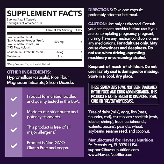 Saw Palmetto PM for Men with Melatonin 3mg - Night Time Prostate Health Supplement for Bladder and Sleep Support - Reduce Urinary Frequency - 100 Count - Vegan Non-GMO Capsules - Over 3 Month Supply