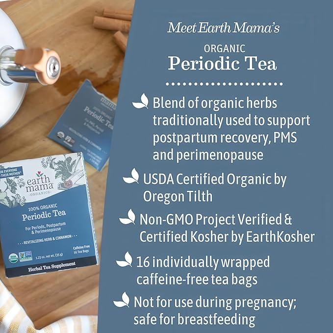 Earth Mama Organic Periodic Tea | Organic Herbal Support for Periods Postpartum &amp Perimenopause 16 Teabags Per Box