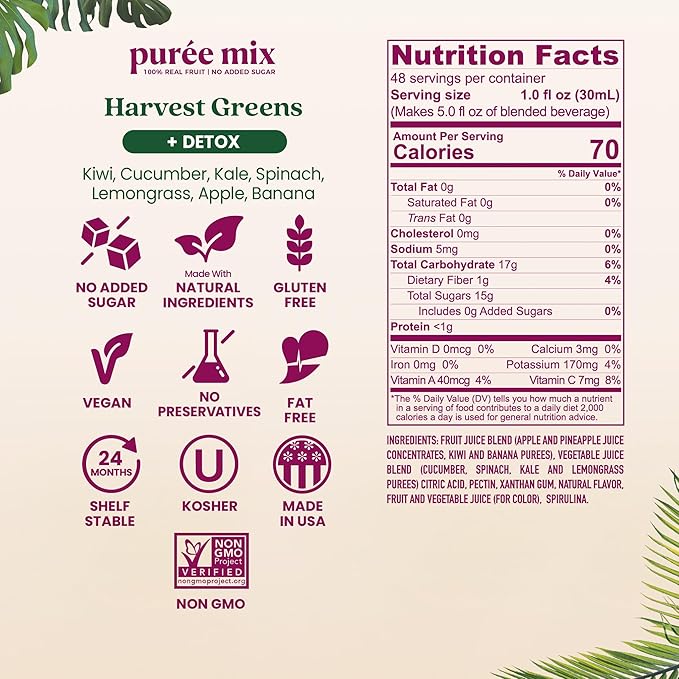 Smartfruit Harvest Greens + Detox – 100% Real Fruit Purée with Kiwi Cucumber Kale Spinach Lemongrass Apple &amp Banana – Great for Smoothies Juice Yogurt Cocktails Teas &amp More – 2-Pk 48