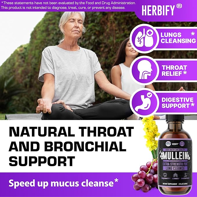HERBIFY Mullein Drops - Lung Cleanse - Leaf Extract - Powerful Mullein for Immune Support Detox &amp Respiratory Support - Made in USA - Herbal Supplements - 4 Oz Grape Flavor