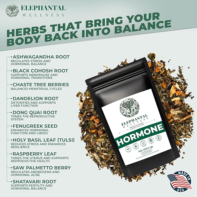 Elephantal Wellness Premium Hormone Herbal Tea | PCOS Hormonal Balance &amp Mood Support with Chaste Berry Shatavari Dong Quai &amp Black Cohosh | Handmade Non-GMO Caffeine-Free Loose Leaf Blen
