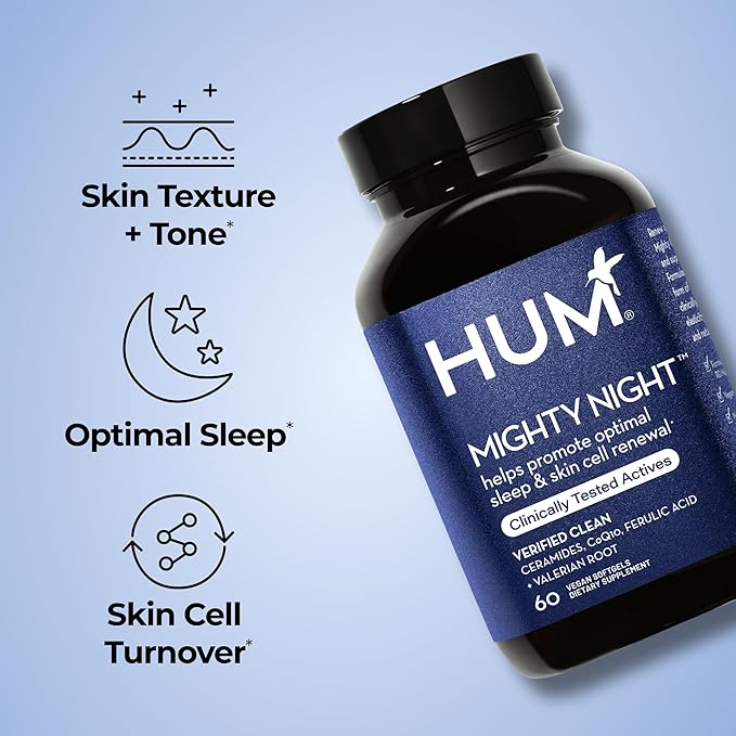 HUM Mighty Night Nighttime Sleep Supplement for Skin Care CoQ10 Valerian Root &amp Ferulic Acid to Support Cell Turnover Skin Vitamins for Women and Men Overnight Beauty Vitamins 60 Vegan Softge