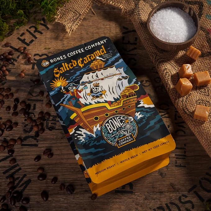 Bones Coffee Company Crazelnut and Salted Caramel Flavored Coffee Medium Roast Low Acid Arabica Beans | Auto drip and French Press Coffee Maker 12 Oz Ground