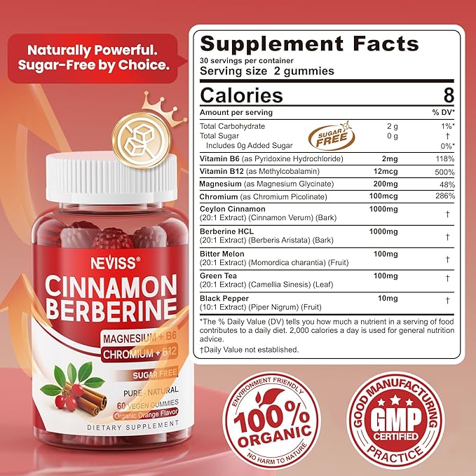 Ceylon Cinnamon Berberine Gummies 2000mg Sugar Free Organic Berberine HCI Supplement with Ceylon Cinnamon Bitter Melon Green Tea Chromium Magnesium Glycinate &amp Methyl B12 for Women &amp Men