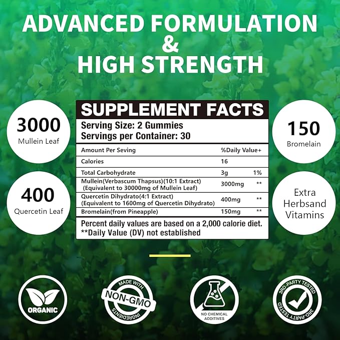 2 Packs 3000MG Organic Mullein Gummies for Lung Mullein Leaf Extract for Lungs - Quercetin Bromelain for RespirationImmune and Digestive Support 120 Count Blueberry Gummys