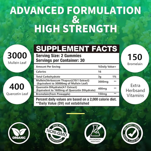 2 Packs 3000MG Organic Mullein Gummies for Lung Mullein Leaf Extract for Lungs - Quercetin Bromelain for RespirationImmune and Digestive Support 120 Count Blueberry Gummys