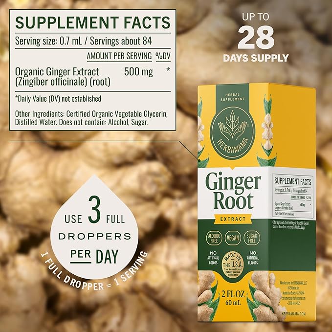 HERBAMAMA Ginger Drops - Vegan Digestive Support &amp Overall Well-Being with Ginger Root Extract Tincture - Non-GMO Alcohol &amp Sugar-Free Liquid Antioxidant Supplement 28-Day Supply