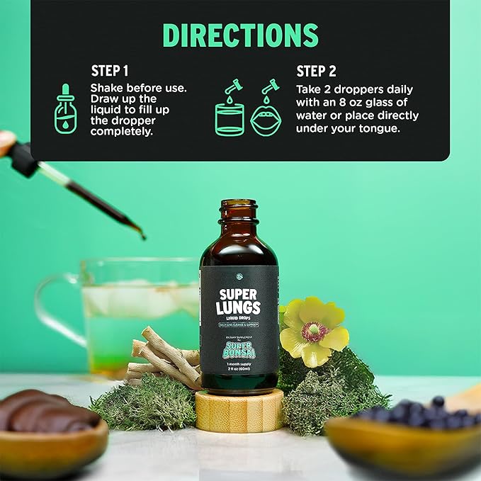 SuperBonsai Super Lungs Mullein Drops – Herbal Lung Support Tincture with Mullein Leaf Extract Elderberry Reishi Marshmallow Root – Supports Clear Breathing &amp Wellness – 2 oz (3