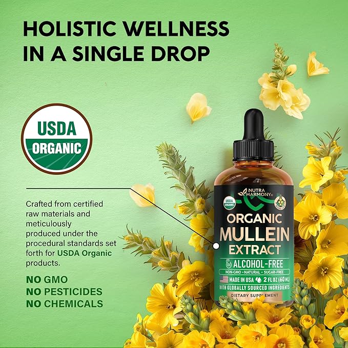 Mullein Drops for Lungs - USDA Organic Liquid - Mullein Leaf Extract Supplement - Made in USA - Lung &amp Bronchial Cleanse for Smokers - Respiratory Health Support - As Tincture Tea Pills - 2 fl o