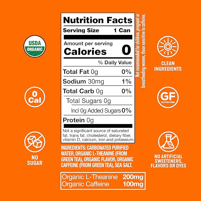 ARDOR ENERGY Sparkling Water with 100mg Natural Caffeine &amp 200mg L-Theanine from Organic Green Tea for Smooth Energy &amp Focus | Healthy Energy Drink | No Sugar Zero Calories Vegan Gluten-Fre