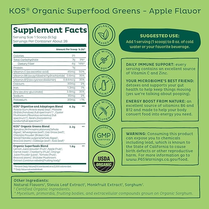 KOS Organic Super Greens Powder Erythritol Free - Plant Based Superfood Blend with Spirulina Chlorella &amp Wheatgrass - USDA Certified Organic Green Juice Smoothie - Apple Flavor - 28 Servings