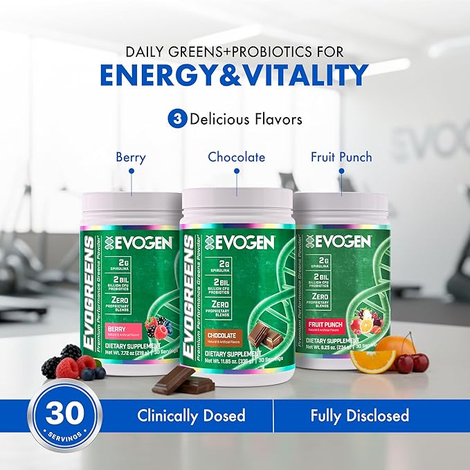 Evogen Evogreens - Super Greens Powder | Promotes Recovery Wellness &amp Immune Health | Greens Superfood Powder with Spirulina Probiotics Pomanox Pomegranate Extract | Fruit Punch | 30 Servings