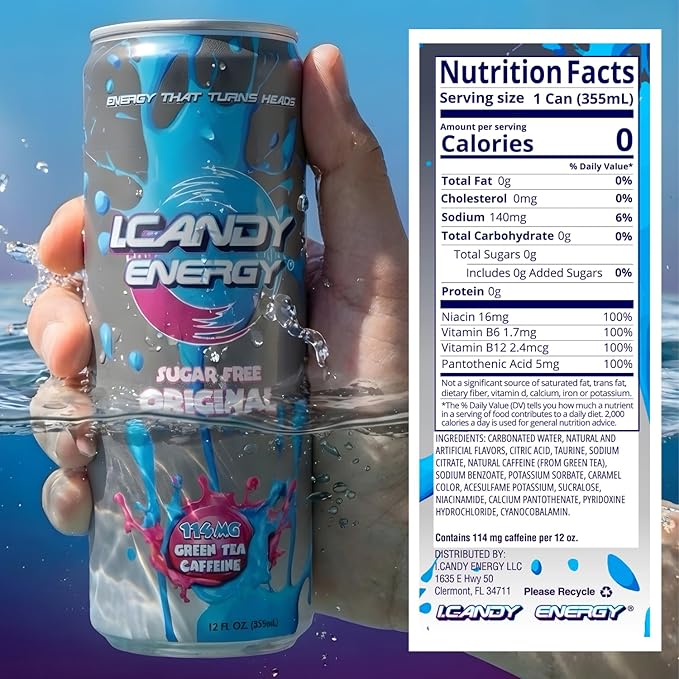 I.CANDY Sugar Free Energy Drink 24 Pack 12 oz Cans Zero Sugar Energy Drinks Bulk Case Zero Calorie 114mg Caffeine No Crash Clean Energy