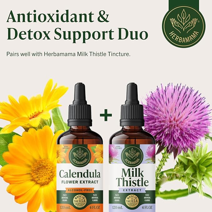 HERBAMAMA Calendula Tincture - Vegan Antioxidant &amp Detox Support with Calendula Herb Extract Drops - Non-GMO Alcohol &amp Sugar-Free Liquid Supplement 84-Day Supply