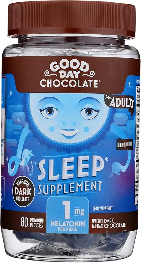 Good Day Dark Chocolate Melatonin for Adults [ 80 Count ] - Fair Trade Non-GMO Dark Milk Chocolate with Chamomile and Melatonin 1 mg - Adult Melatonin Adult Natural Sleep Aid Supplement