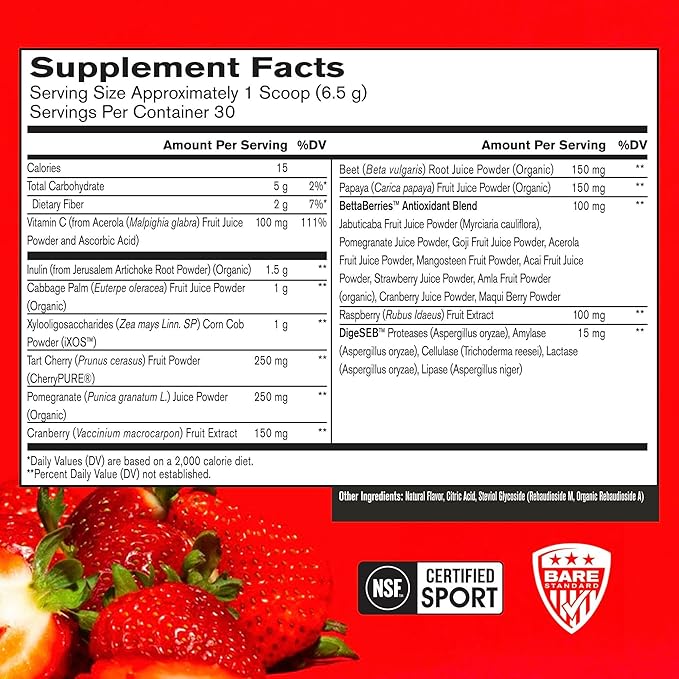 BARE PERFORMANCE NUTRITION BPN Strong Reds Superfood Powder Digestive Enzymes Antioxidants Improved Natural Energy 30 Servings Strawberry