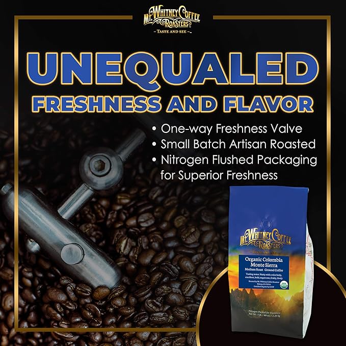 Mt. Whitney Colombia Monte Sierra OrganicSingle origin Medium Dark Roast Smooth Full Flavored low Acid Coffee (Ground 5 Lb)