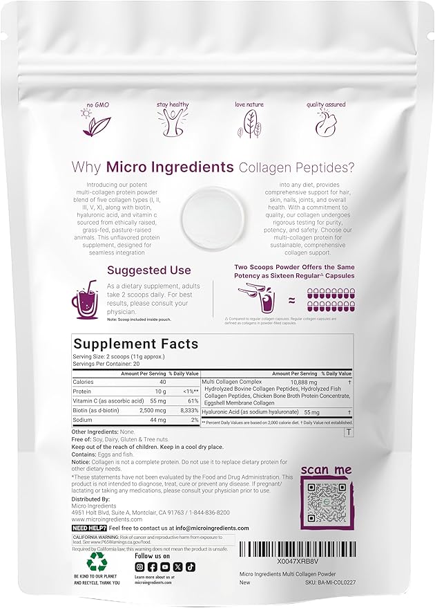 Micro Ingredients Multi Collagen Peptides Powder 8oz – Hydrolyzed Type IIIIIIVX with Biotin Hyaluronic Acid Vitamin C – Unflavored Collagen for Women &amp Men Easy Dissolve 20 Servings