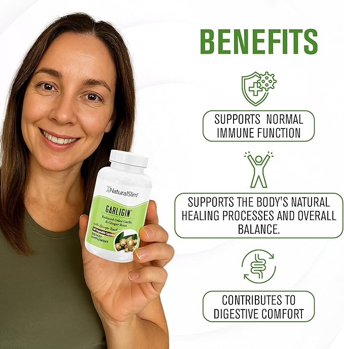 NaturalSlim Garligin Odorless Garlic Supplement with Ginger for Immune Support Metabolism Booster Supports Natural Body Balance &amp Improves Digestion - 100 Capsules