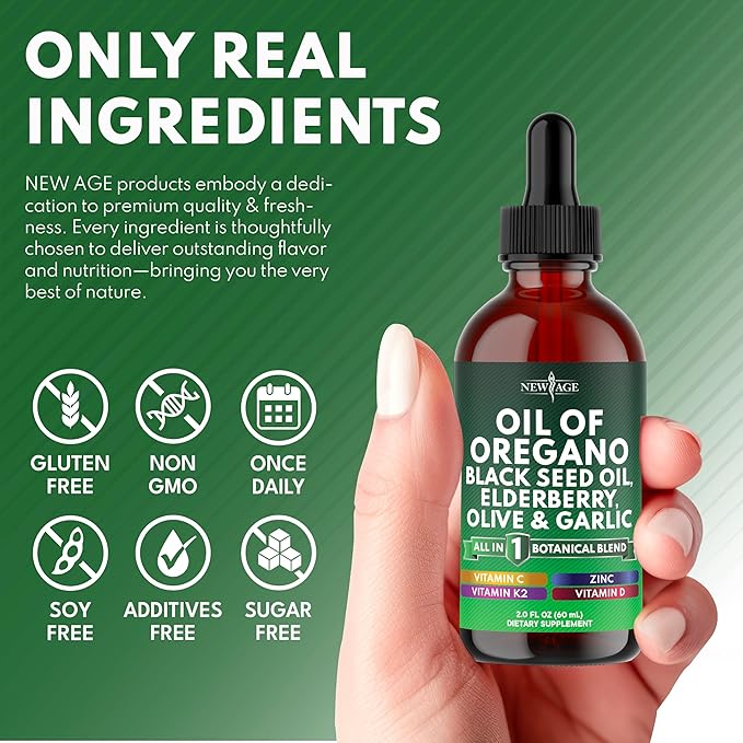 NEW AGE Oil of Oregano Drops - Black Seed Oil Elderberry Vitamin D D3 K2 Olive Garlic - Immune Support Supplement Wellness Formula Zinc Supplements Liquid - 4Fl Oz