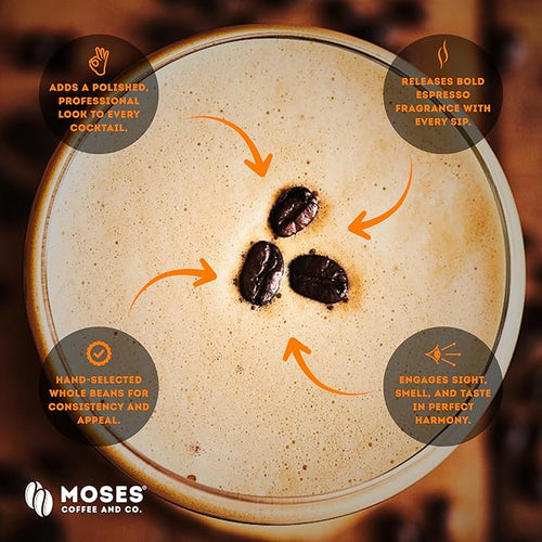 3-PACK ESPRESSO MARTINI COCKTAIL GARNISHES | Organic whole coffee beans from Moses Coffee &amp Co. 0.5oz premium cocktail essentials for mixologists bartenders and home cocktail lovers | (Symbol o