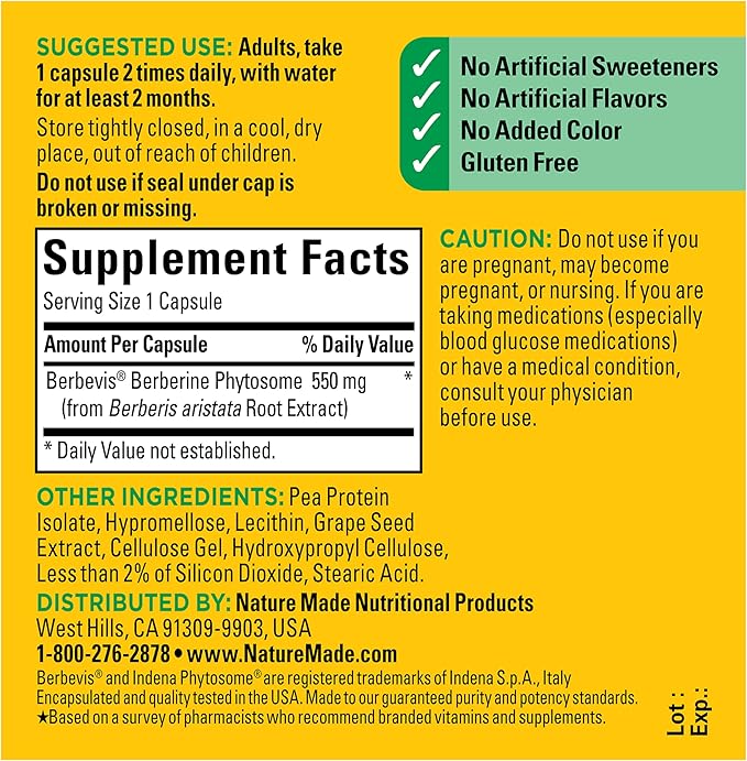 Nature Made Better Absorption Berberine Phytosome Supplement 1100mg Per 2 Capsules Daily Berberine Supplement for Cardiovascular Health Support 60 Capsules 30 Day Supply