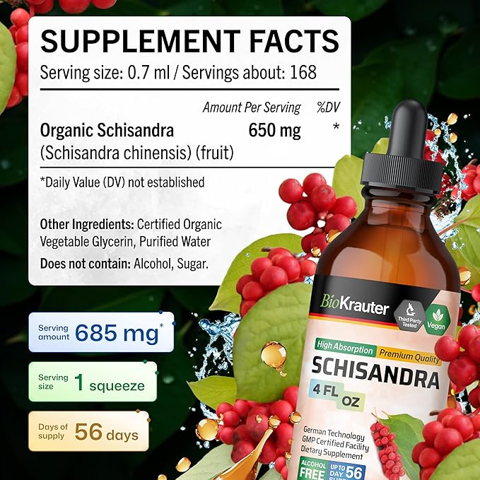 BIO KRAUTER® Schisandra - Liquid Drops Schisandra Berry 650 mg per Serving 4 Fl.Oz 56-Day Supply - Pure Vegan Calm &amp Mood Support Supplement - Alcohol &amp Sugar Free - Natural Calm Drops for Rel