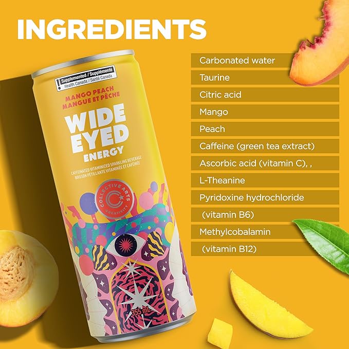 Collective Arts Wide Eyed Energy Drinks | Naturally-Flavored Caffeinated Vitaminized Sparkling Beverage With Fruit Extracts | Mango Peach MAX | Pack of 12 | 12 fl oz.(355ml)