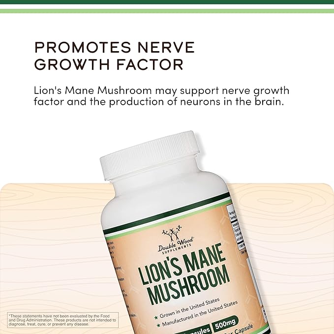 Organic Lions Mane Mushroom Capsules (120 Count) for Focus Support and Immune Health Third Party Tested and Grown in The USA - by Double Wood