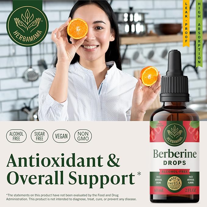 HERBAMAMA Berberine Liquid Drops - Vegan Antioxidant &amp Overall Support with Berberine HCL 500mg Extract Tincture - Non-GMO Alcohol &amp Sugar-Free Supplement 42-Day Supply