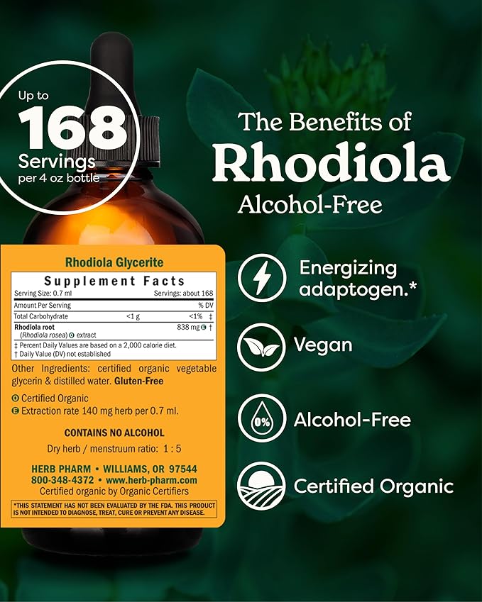 Herb Pharm Certified Organic Rhodiola Root Extract for Energy Endurance and Stamina Alcohol-Free Glycerite 4 Ounce