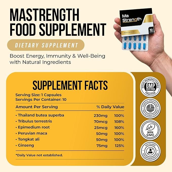 Sports Nutrition Supplement for Men | Daily Energy &amp Support for Active Lifestyles | Botanical Formula with Horny Goat Weed Tongkat Ali Panax Ginseng &amp Maca Root | Travel-Friendly 10 Pack