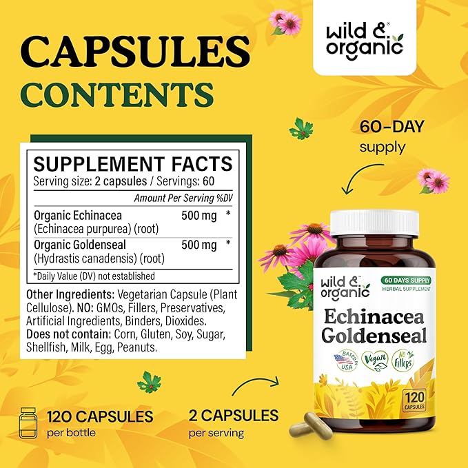 Wild &amp Organic Echinacea Goldenseal Capsules - Immune &amp Lung Support - Echinacea Complex Supplement - Hydrastis Canadensis &amp Purpurea - Vegan No Fillers Non-GMO - 120 Count