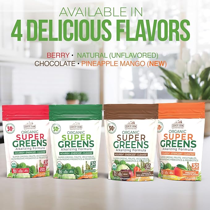 Country Farms Super Greens Natural Flavor 50 Organic Super Foods USDA Organic Drink Mix (Wheat Grass Spirulina Chlorella) Mushrooms &amp Probiotics Fiber Gut Health Natural Energy 30 Servings