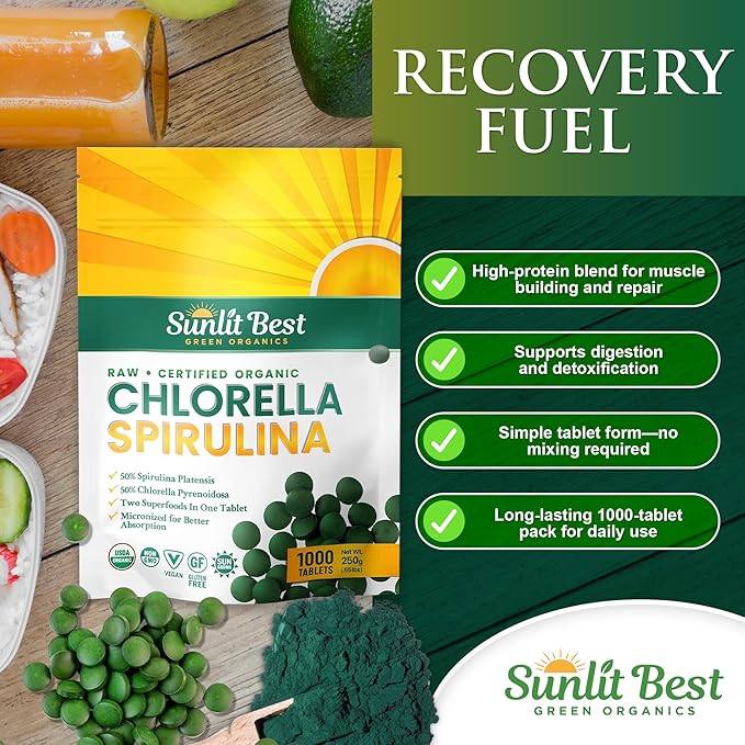 Sunlit Best Chlorella Spirulina Tablets - Organic USDA Premium Spirulina and Chlorella Tablets 1000 Count - Sun Chlorella Pure Natural Superfood with Algae Enzymes Chlorophyll &amp Vegan Protein
