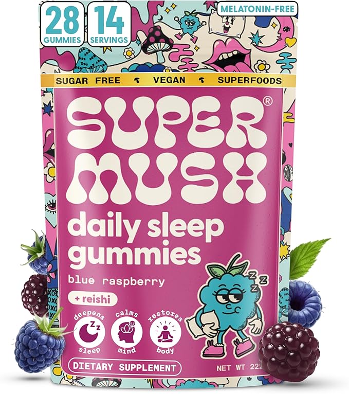 SuperMush Sleep Gummies for Adults - Mushroom Supplement with Magnesium Citrate L-Theanine Chaga Reishi &amp Chamomile for Deep Sleep REM &amp Detox - Vegan &amp Sugar-Free - 28 Gummies (14 Ser