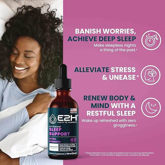 E2H Natural Sleep Support - Liquid Melatonin with Chamomile Theanine - Sleep Better Deeper Longer - Vegan GMO-Free - Provides Stress Relief - 2 Fl Oz