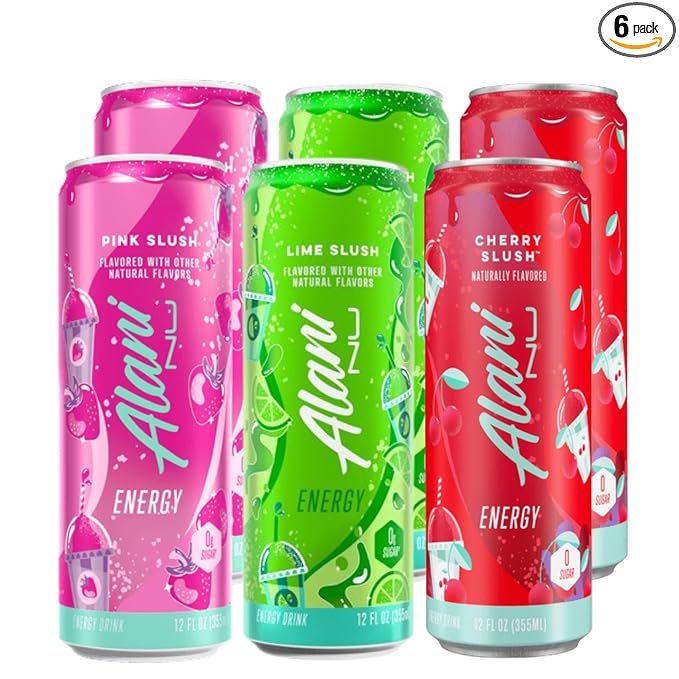 Alani Energy Drink Variety Pack – Sugar Free Low Calorie Energy Drinks – Assorted Flavors – 12 fl oz Cans (Pack of 6) (Pink Slush Lime Slush Cherry Slush)