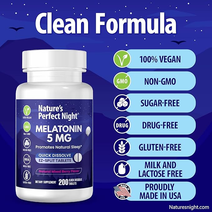 Nature's Perfect Night Melatonin 5mg Quick Dissolve Mixed Berry 200 Count with Serenity Magnesium Powder 15 oz Lemon Raspberry