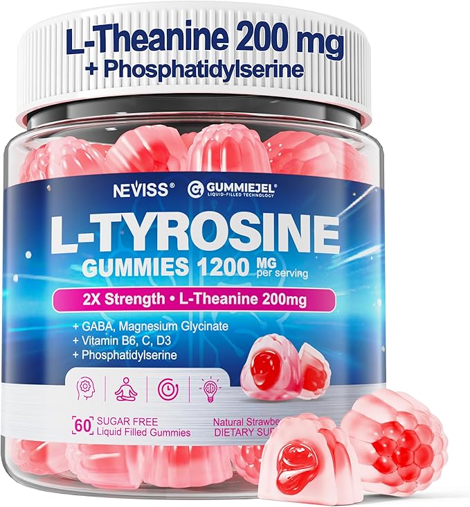 L Tyrosine Gummies Supplement 1200mg GABA L-Theanine Supplement 200mg with Magnesium Glycinate Vitamin B6 D3 &amp C - Calm &amp Focus Gummies - Brain Supplements for Memory Mood &amp Relax for A