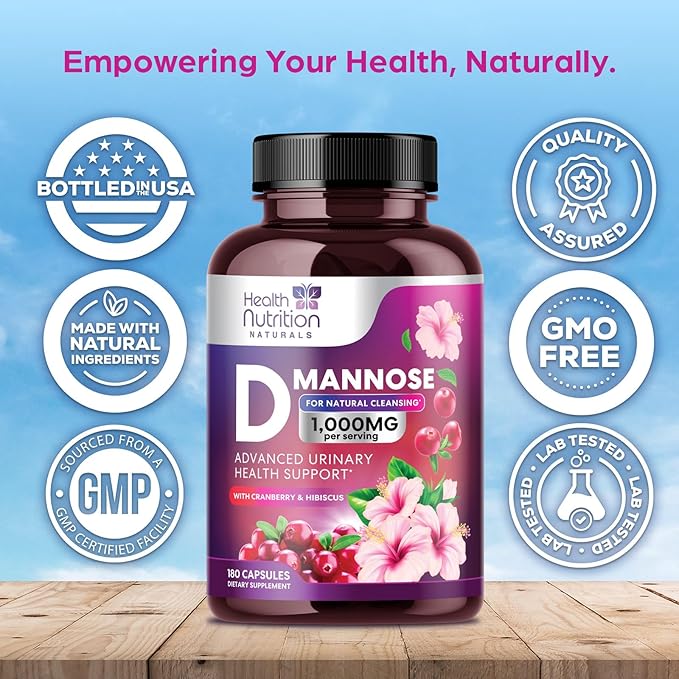 D-Mannose Supplement - 1000mg D Mannose Per Serving with Cranberry Hibiscus &amp Dandelion - Fast-Acting Natural Urinary &amp Bladder Support for Women &amp Men – Flush &amp Cleanse Impurities
